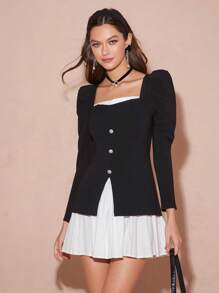 Enchnt 女士秋季日常装拼色纽扣装饰方领连衣裙