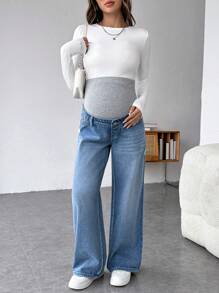 SHEIN Pregnant Women Casual Loose Straight Leg Jeans With Waistband Patchwork, For Maternity - Multicolor - View 3