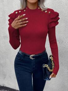 SHEIN LUNE Casual Everyday Button Decor Ruffle Trim Slim Fit Long Sleeve Sweater, Autumn/Winter Knit Pullover Fall - Burgundy - View 5
