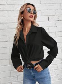 SHEIN Frenchy Women's Solid Color Single-Breasted Long Sleeve Blouse, Autumn - Black - View 3