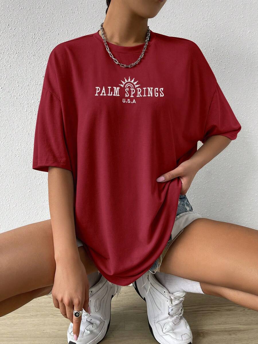 SHEIN EZwear Loose Fit Palm Springs Embroidery Dropped Shoulder Casual