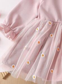 Baby Girl Autumn Casual Cute Daisy Embroidery Net Fabric Pink-Purple Dress, Essential For Everyday Outing & Home Wear