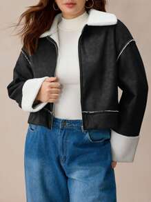 Elaquor Chaqueta de bombardero suelta con cremallera de piel sintética de talla grande con diseño de patchwork, para uso casual en otoño
