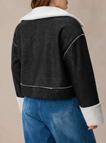 Elaquor Chaqueta de bombardero suelta con cremallera de piel sintética de talla grande con diseño de patchwork, para uso casual en otoño