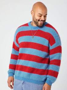 Manfinity NXTstreet Suéter de cuello redondo de manga larga, de corte holgado, a rayas, suave y esponjoso para hombres de talla grande