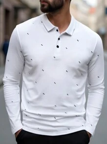 Manfinity Homme 男士几何印花长袖休闲通勤 Polo 衫，秋季，男朋友礼物，白色 Polo 衫， - 白色 - 查看 1