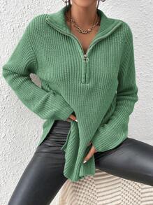 SHEIN Frenchy 半拉链落肩粒纹黑色毛衣