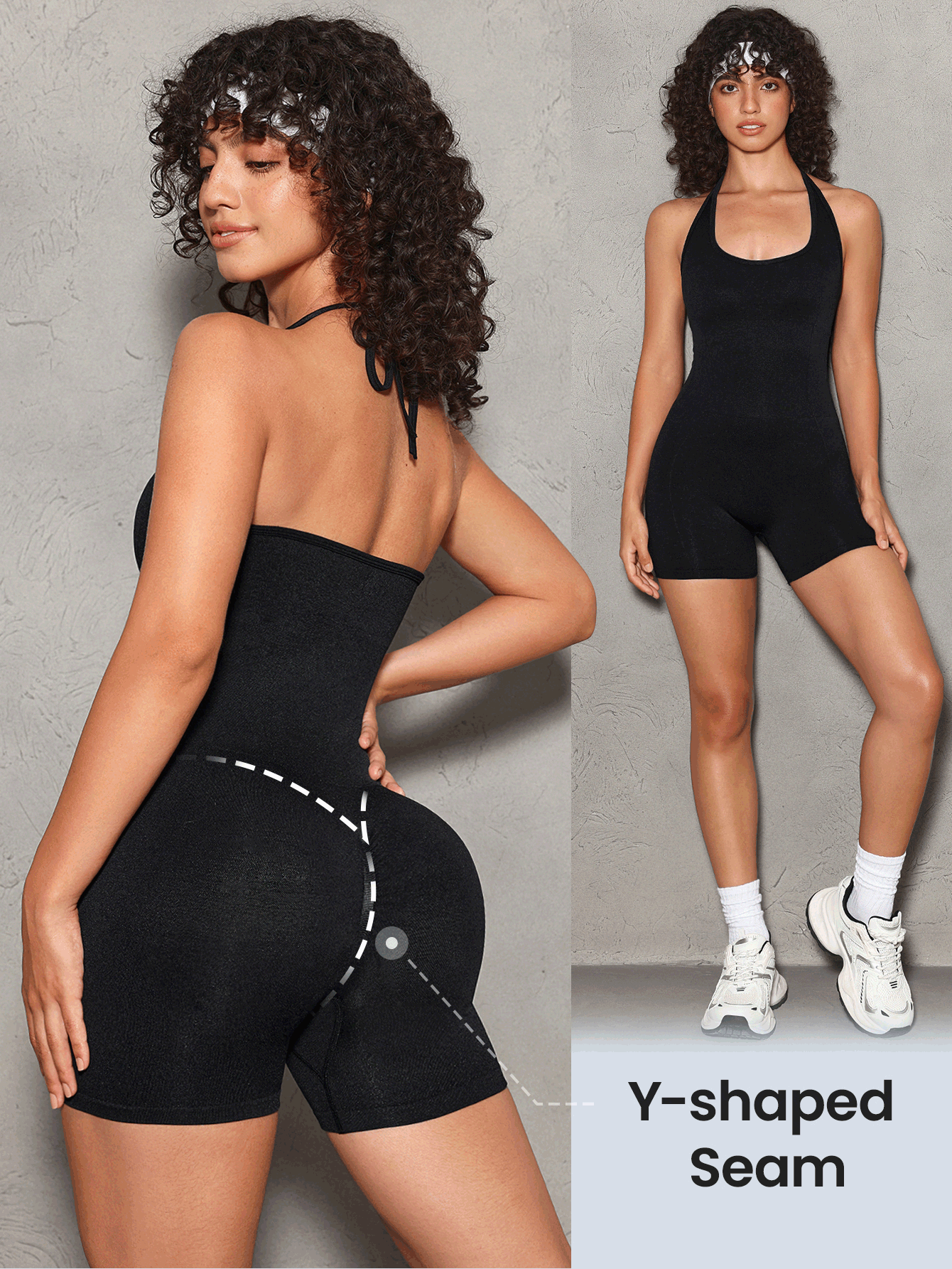 Lifespree Solid Color Halter Backless Skinny Seamless Jumpsuit, Summer Sports - Black - View 2