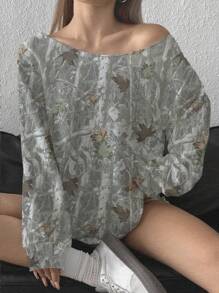 SHEIN EZwear Damen Camouflage Zweig Muster Off-Shoulder, locker sitzender, Langarm, leichter Sweatshirt für Herbst/Winter - Weiss - Übersicht 4