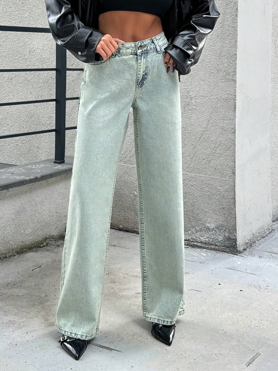 SHEIN Cottnline WOMEN WIDE LEG MID WAIST JEANS - Light Wash - View 1