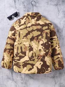 Tween Boy 设计师原创时尚图案家庭配套钩环迷彩立领厚款宽松高端时尚街头服饰保暖羽绒服，百搭 - 咖啡棕 - 查看 2