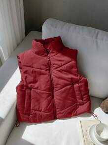 Comfortcana Winter Zip Up Double Face Snap Button Corduroy Drawstring Vest Coat - Red - View 1