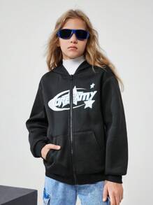 SHEIN Tween Girls' Black Letter Print Zip-Up Hoodie Sweatshirt In Fall/Winter