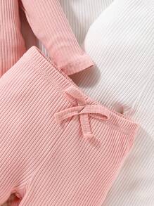 SHEIN Newborn Baby Girls Cap Sleeve Heart Embroidery Bodysuit & Pants 3 Packs Outfit Set Chic Outfits For Autumn/Winter - Multicolor - View 5