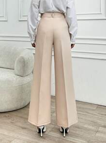 RueChic Women Solid Color Mid Waist Wide Leg Pants - Beige - View 3