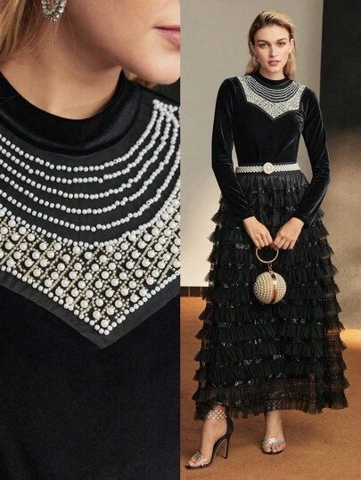 MOTF Soiréza VELVET FAUX PEARL AND BEADED DETAIL TEE