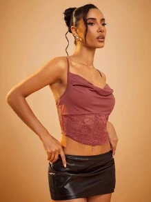 Hauture Cowl Neck Lace Top With Criss Cross Back - Coral Pink - View 4