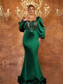 SHEIN Belle Vestido de noche elegante largo de manga larga con cuello de corazón, mangas abullonadas, cintura con strass, escote de satén retazos de estilo de lujo color verde esmeralda con cola de pez, ideal para invitada de boda, graduación - Verde Oscuro - Ver 1