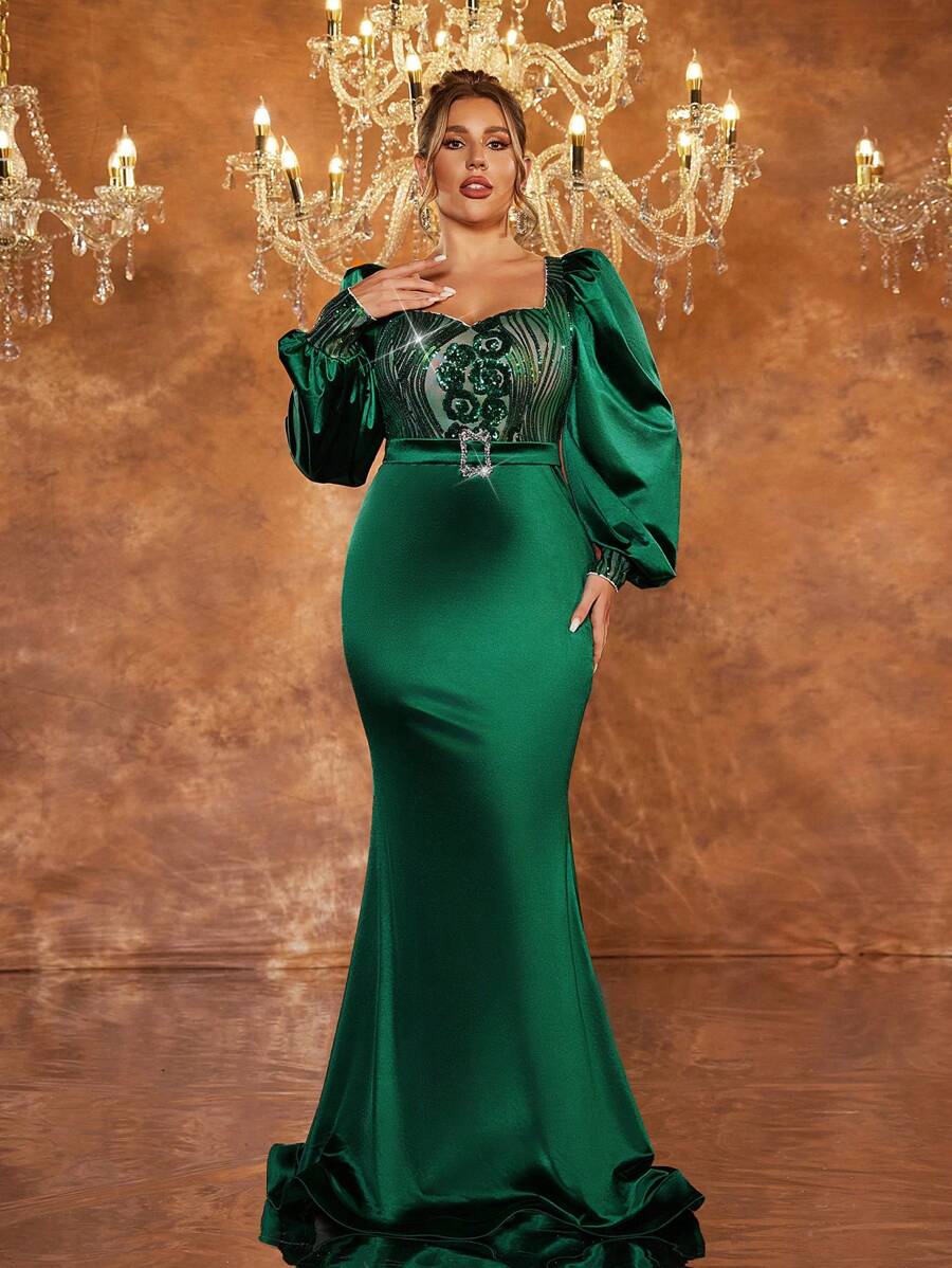 SHEIN Belle Vestido de noche elegante largo de manga larga con cuello de corazón, mangas abullonadas, cintura con strass, escote de satén retazos de estilo de lujo color verde esmeralda con cola de pez, ideal para invitada de boda, graduación - Verde Oscuro - Ver 1