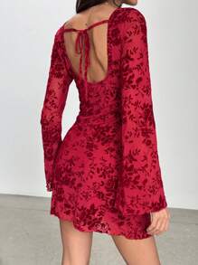 Aloruh New Encore Burgundy Mesh Overlay Flocked Print Pullover Sexy Open Back Bell Sleeve Short Dress - Burgundy - View 3