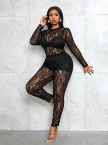 Slaydiva 2pcs/Set Plus Sexy Party Slim Fit Long Sleeve Lace Jumpsuit + Satin Split Hem Skirt, Autumn/Winter