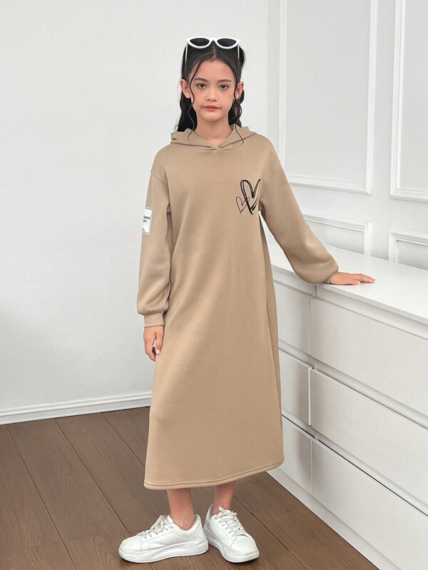 SHEIN Tween Girl Casual Loose Drop Shoulder Hoodie Dress, Khaki