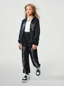 SHEIN Tween Girl Halloween Warm Thick Fall Rhinestone Skeleton Pattern Hooded Jacket & Pants Clothes , Autumn/Winter Outfit - Black - View 6