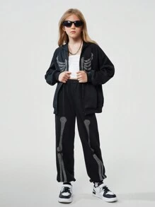 SHEIN Tween Girl Halloween Warm Thick Fall Rhinestone Skeleton Pattern Hooded Jacket & Pants Clothes , Autumn/Winter Outfit - Black - View 7