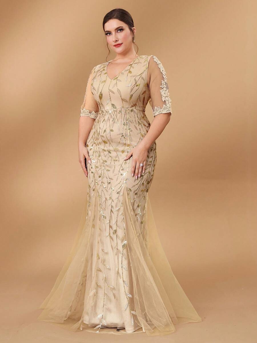 SHEIN Belle Plus Size Sequin Patchwork Applique Mermaid Silhouette