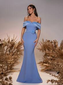 SHEIN Belle Elegant And Romantic Blue Satin Spliced ​​Stretch Knit Fabric One-Shoulder Bow Three-Dimensional Flower Decorative Belt Fishtail Hem Wedding Event Formal Ladies Bridesmaid Dress