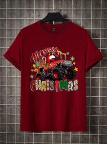 SHEIN Camiseta de manga corta informal para hombre con estampado de leopardo, gorra de Papá Noel y eslogan gráfico de Navidad