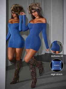 SHEIN PETITE Women's Off-Shoulder Mini Denim Dress, Elegant Dress, Sexy Dress, Petite Women Dress, Long Sleeve Dress, Knit Dress, Royal Blue Women Dress, Thanksgiving Women Outfit, Long Sleeve Women Dress, Sexy Women Dresses, Cowgirl Women Outfits, Concert Women Outfit, Cowgirl Costume, Winter Women Dress, Winter Women Dress, Light Blue Dress, Petite Women Dress, Knit Dress