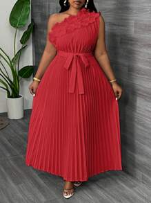 Slaydiva Plus Size Elegant Luxurious Asymmetric Ruffle Waist Gathered Dress, Apricot Color, Summer - Red - View 4