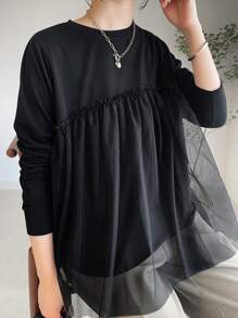 FRIFUL Women's Solid Color Mesh Splice T-Shirt, Autumn,Ruffle