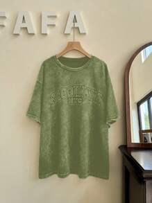 SHEIN EZwear Plus Size Vintage Distressed 3D Letter Graphic Loose T-Shirt - Green - View 4