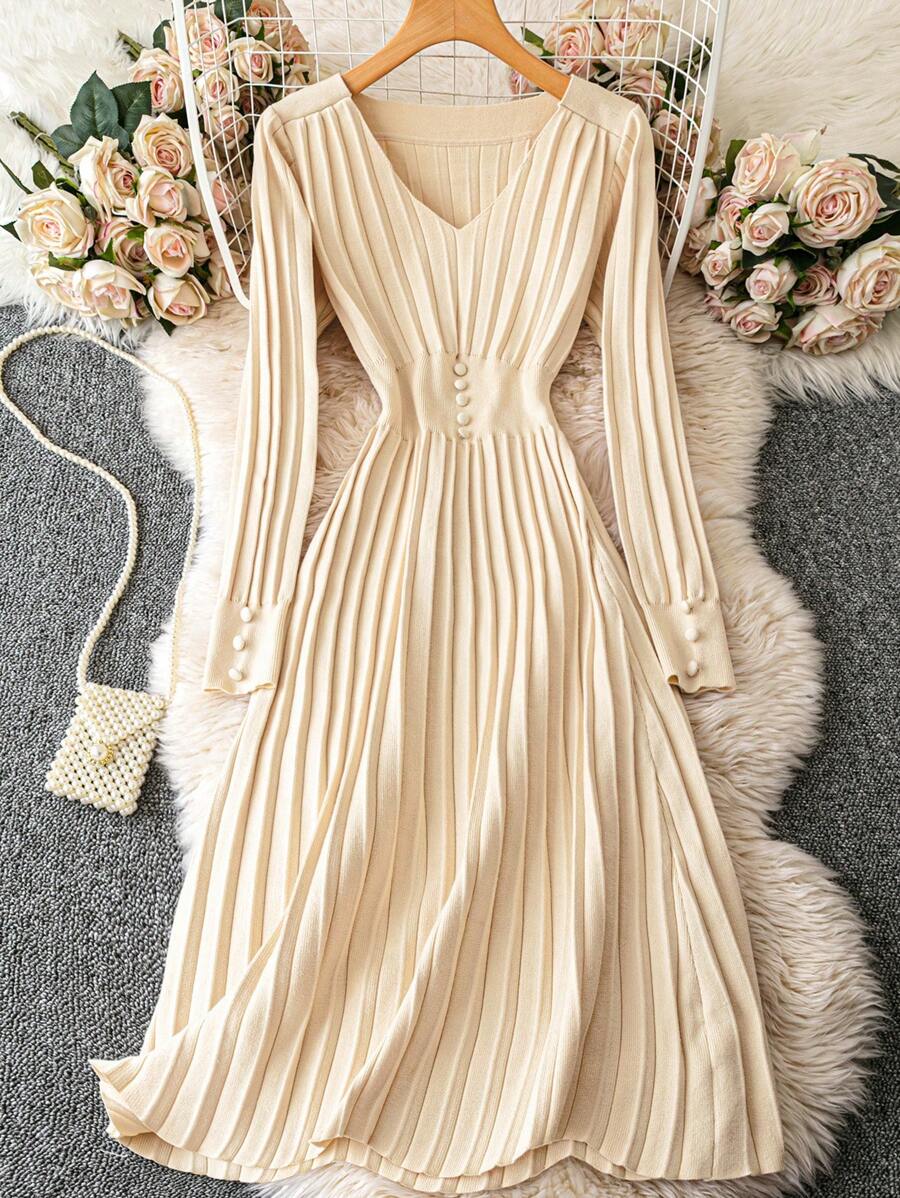 Franclia Women's V-Neck Pleated Long Sleeve Belted Dress, Autumn/Winter Fall Cloth For Women - Apricot - View 1