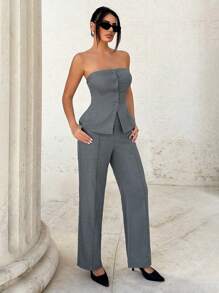SHEIN Tall Women's Strapless Suit Set, Grey, For Office Wear & Teacher Outfits - Dark Grey - View 7