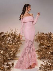 SHEIN Belle Women's Elegant Blush Pink Stretch Lace Off-Shoulder Long Sleeve Asymmetric Fishtail Dress,Spring Wedding Formal Bridesmaid Party Dresses - Dusty Pink - View 2