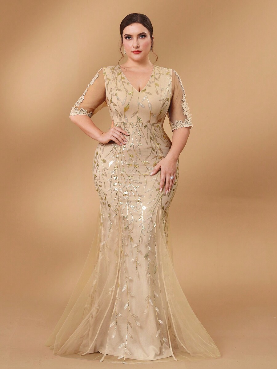 SHEIN Belle Plus Size Sequin Patchwork Applique Mermaid Silhouette