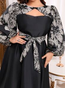 SHEIN Belle Plus Size Black Gold & Silver Organza Jacquard Patchwork Satin Hollow Out Lantern Sleeve Elegant Ball Gown, Long Sleeve Semi Formal Prom Dress, For Birthday, Wedding Guest, Graduation Homecoming - Black - View 2