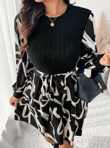 SHEIN Frenchy Vestido de manga larga con cuello redondo, talla grande, de pana con estampado geométrico y parches