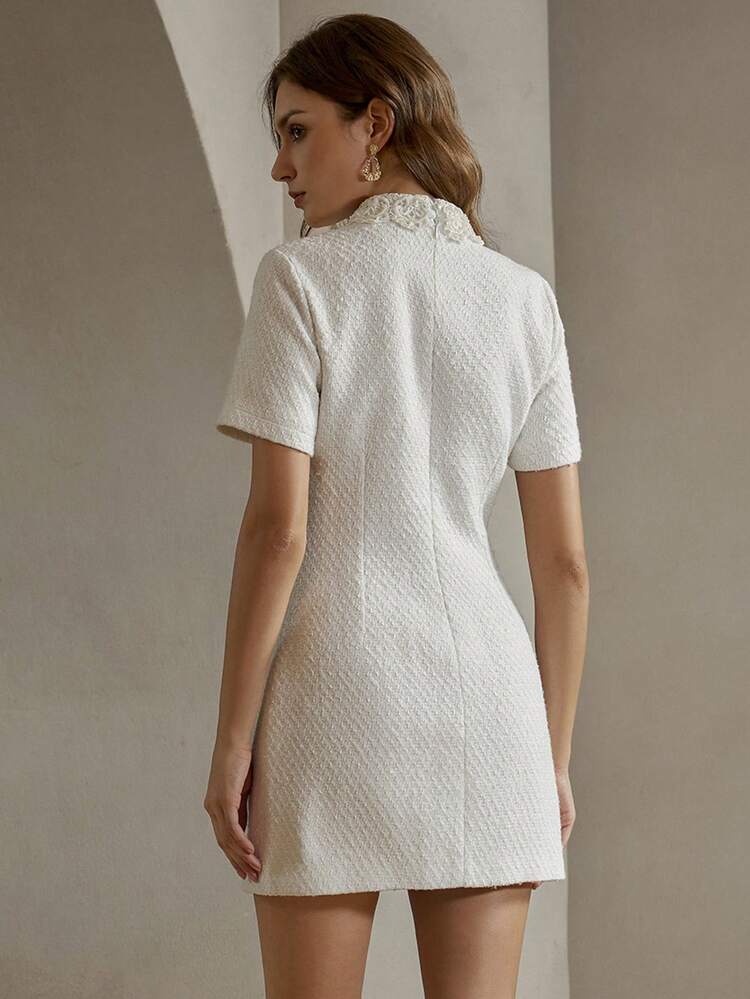 Elegant Middle-Aged Women's Christmas Lace Collar Textured Pearl Button Decor Dress
