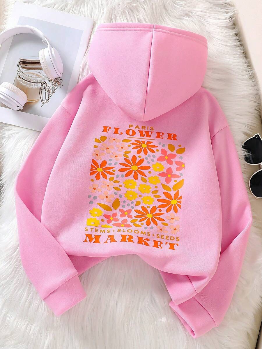 Tween Girls Colorful Floral Print Hooded Sweatshirt - Pink - View 1
