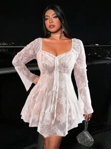 Allurite Vestido largo de manga larga con lazo y encaje floral de talla grande