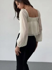 Aloruh Square Neck Gathered Waist Flared Textured Puff Sleeve Blouse