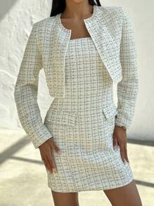 Firerie Autumn/Winter Elegant Tweed Pearl Decor Cropped Jacket Set & Tube Top Mini Skirt Suit, Party & Date Outfit - White - View 2