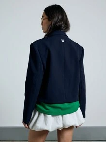 AiiRZ Professional Cropped Blazer With Lapel Collar Office Fashion Business Casual Structured Jacket Fall Winter Outerwear Workwear Classic Tailored Suit Jacket - Navy Blue - View 2