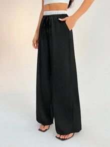 SHEIN PETITE Contrast Color Double Waist Satin Glossy Women's Wide Leg Pants ,Petite Women - Black - View 6