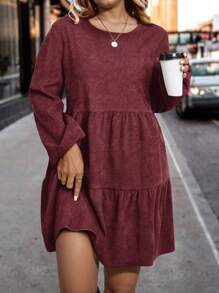 EMERY ROSE 大码休闲纯色灯笼袖罩衫连衣裙酒红色女装 - 酒紅色 - 查看 5