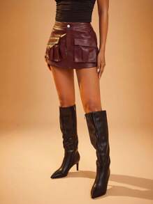 Hauture Flap Pocket Detail PU Faux Leather Mini Skort - Burgundy - View 6